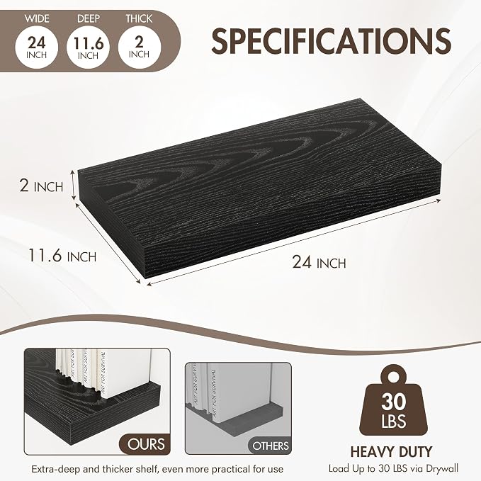 Acovy 24 Inch Floating Shelves, 12" Deep Floating Shelf Wall Mounted, 24" Wall Shelves, Rustic Deep Bookshelf, Extra Deeper & Thicker Display Shelves for Bedroom, Living Room, Black, Set of 2