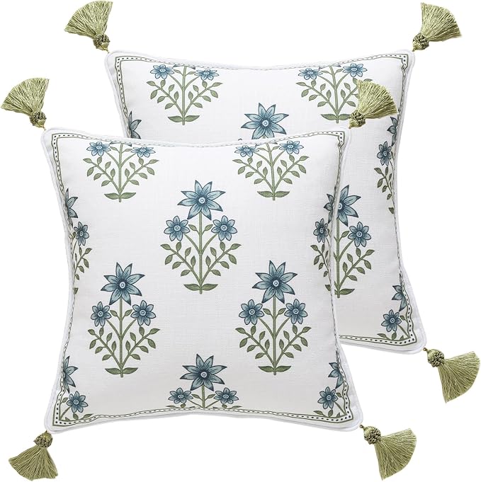 ISAENNE Designer Linen Throw Pillow Cover,Set of 2,18"x18"-Mosella B | Vintage Elegant Square Decor Pillow Cover,Concealed Zipper Design,Floral Pattern,Sofa,Bedroom,Living Room,Lounge Chairs