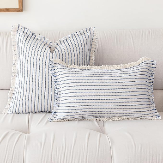 YEENAASY Throw Pillow Covers 24x24 Set of 2 Striped Fringe Pillow Cover Farmhouse Cushion Covers with Tassel Neutral Boho Pillows Decorative Square Pillowcase for Couch Sofa Bed, Blue