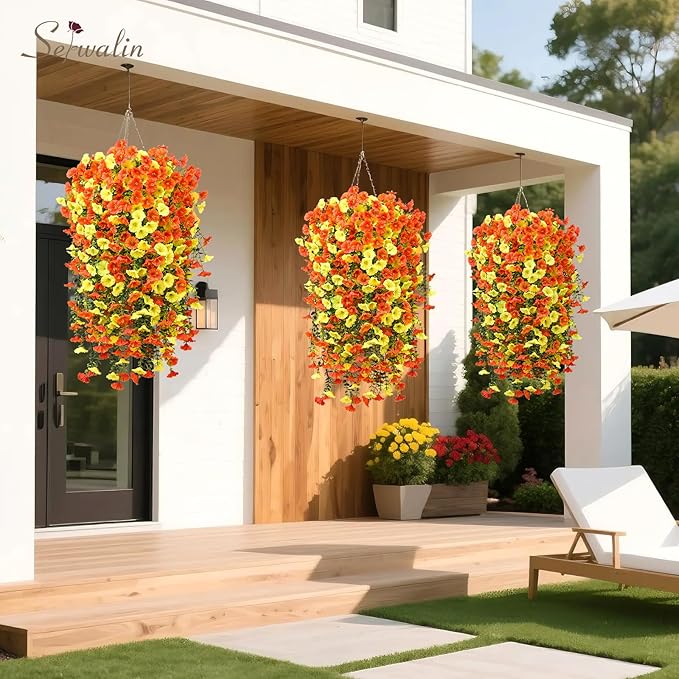 Serwalin Artificial Hanging Flowers for Outdoors Decoration, 4PCS UV Resistant Silk Artificial Fake Plants Outdoor for Porch Patio Balcony Indoor Planter Yard Decor (Orange&Yellow,4PCS)