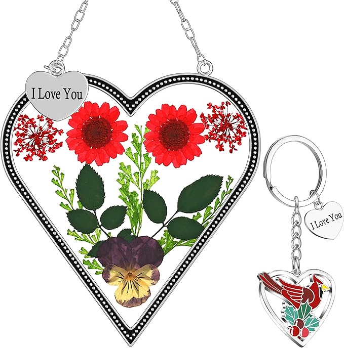 KY&BOSAM Heart Suncatcher I Love You Stained Glass Wind Chime for Windows Pressed Flower Between Heart in Glass and Metal Engraved Charm Birthday Gift for Women Mom Mother's Day Valentine's Christmas