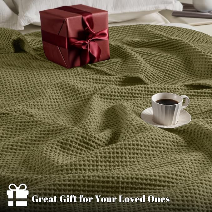 PHF Pre-Washed Cotton Waffle Weave Blanket King Size for Bed, Snag Proof Throw Blanket for Couch Spring Summer Lightweight Breathable, Oeko-TEX Certified, Machine Washable, Home Decor Gift - Dark Oil