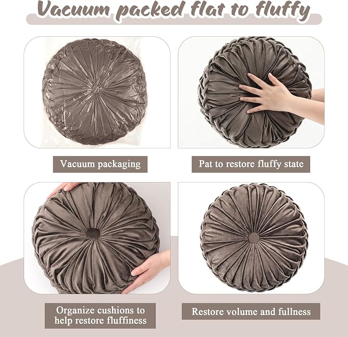 Drydiet 1 Pcs Round Throw Velvet Pillows Decorative Pleated Throw Pillows Diameter Accent Pumpkin Boho Chair Cushion for Couch Sofa Home Decoration (Taupe,15'')