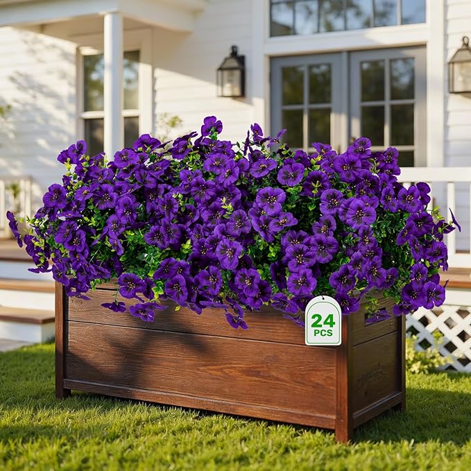 24 Pcs Artificial Fake Pansy Flowers for Outdoor,Faux Silk Plants Flowers UV Resistant Pansies Spring Flowers for Planter Front Door Porch Yard Patio garden Window Box Home Decor(Dark Purple)