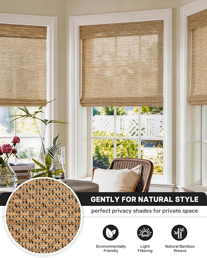 LazBlinds No Drill Cordless Bamboo Roman Shades, Light Filtering Blinds for Indoor Windows, Roll Up Bamboo Blinds for Home, 33" W x 64" H, Star-Brown