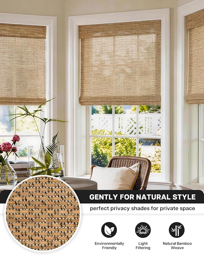 LazBlinds No Drill Cordless Bamboo Roman Shades, Light Filtering Blinds for Indoor Windows, Roll Up Bamboo Blinds for Home, 20" W x 64" H, Star-Brown