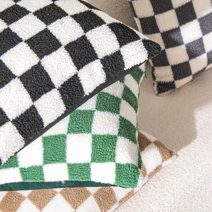 WACOMECO Decorative Throw Pillow Covers - Soft Sherpa Checkerboard Cushion Covers Faux Fur Pillow Cases for Sofa Bedroom Livingroom Car, 20 x 20 in, Black and Off White