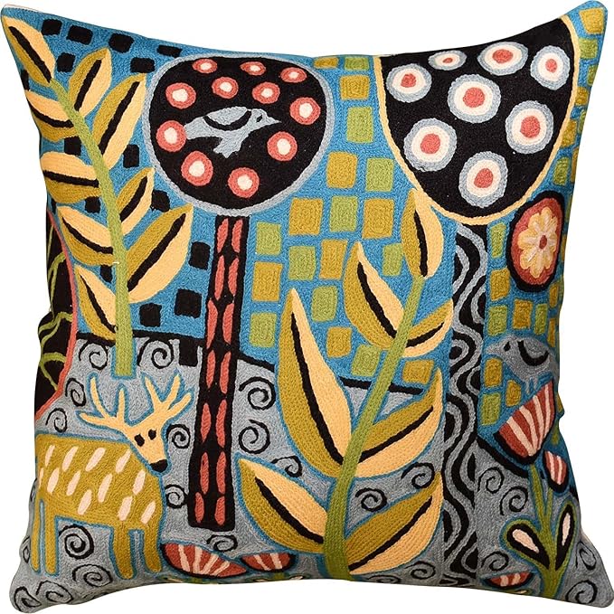 Turquoise Tree of Life Throw Pillow Cover Karla Gerard Plant Pillowcase Deer Design Cushion Green Teal Flower Animal Face Cushion Flower Pillowsham Hand Embroidered Wool 18x18 Inch