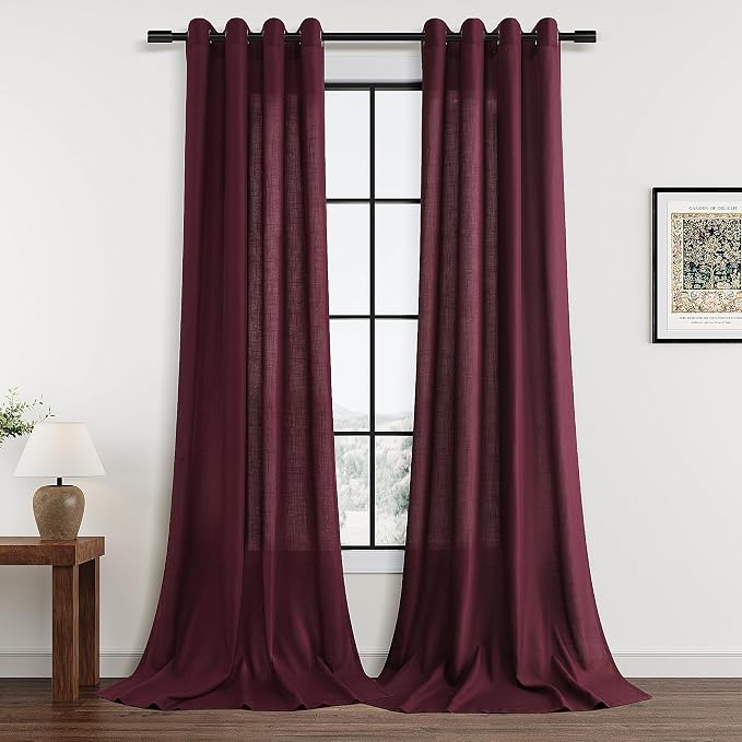 Burgundy Extra Long Grommet Linen Curtains 120 Inches Long 2 Panels For Living Room Light Filtering Semi Sheer Morden Farmhouse Rustic Decor 120 Inch Length Drapes Patio Sliding Door Office Bedroom