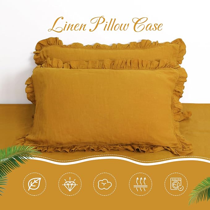 Linen Ruffled Pillow Cases,100% French Natural Linen Pillowcase Set of 2,Decorative Boho Pillow Cases Ruffle Bedding King Size (20''x40''),Yellow