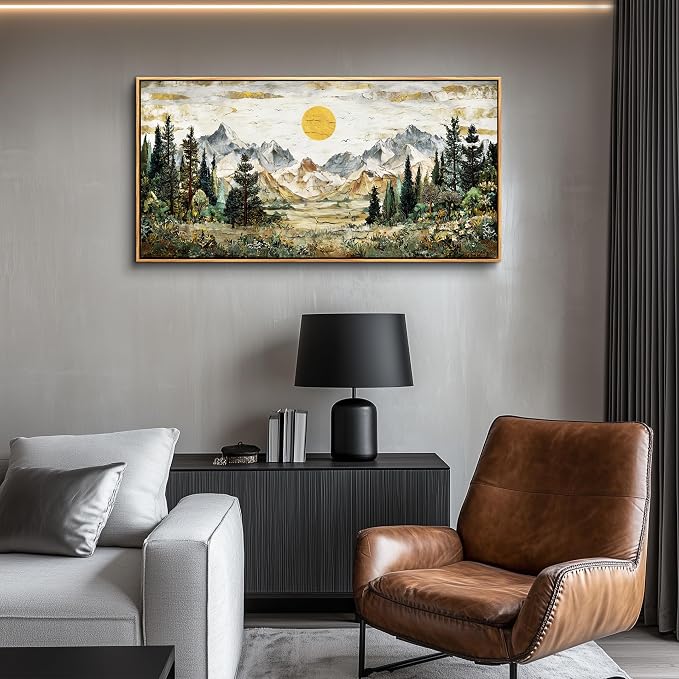 XIGUANGART Large Framed Canvas Print Wall Art,Wall Decor for Living Room,Mountain Pictures,Forest Wall Art,Modern Rustic Farmhouse Landscape Paintings for Bedroom Office Home Decoration, 20x40 IN