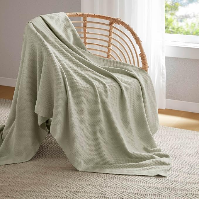 Madison Park 100% Egyptian Cotton Lightweight Summer Blanket, Breathable Waffle Knit Design, Soft Cozy All-Season Throw for Bed, Couch or Sofa, Sage Green Twin Size (66"x90")