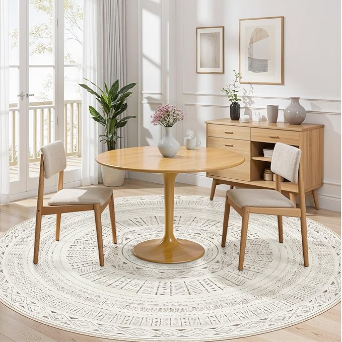 cotiled 8x8 Round Area Rug Living Room: Washable Boho Rugs with Non Slip Backing Large Soft Indoor Stain Resistant Carpet for Bedroom Farmhouse Dining Room Lightweight Home Decor L Brown/Cream