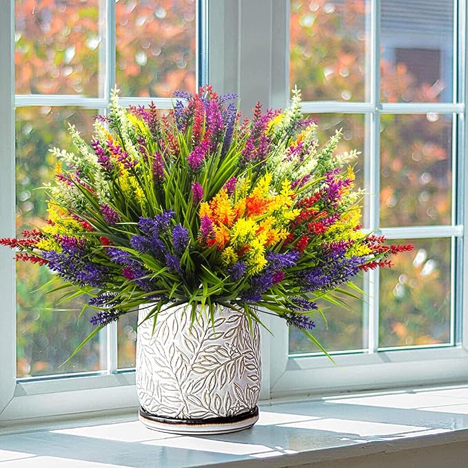 Grunyia Artificial Lavender Plants with Mixed Color Flowers, 20 Bundles, Outdoor Decorative Grass