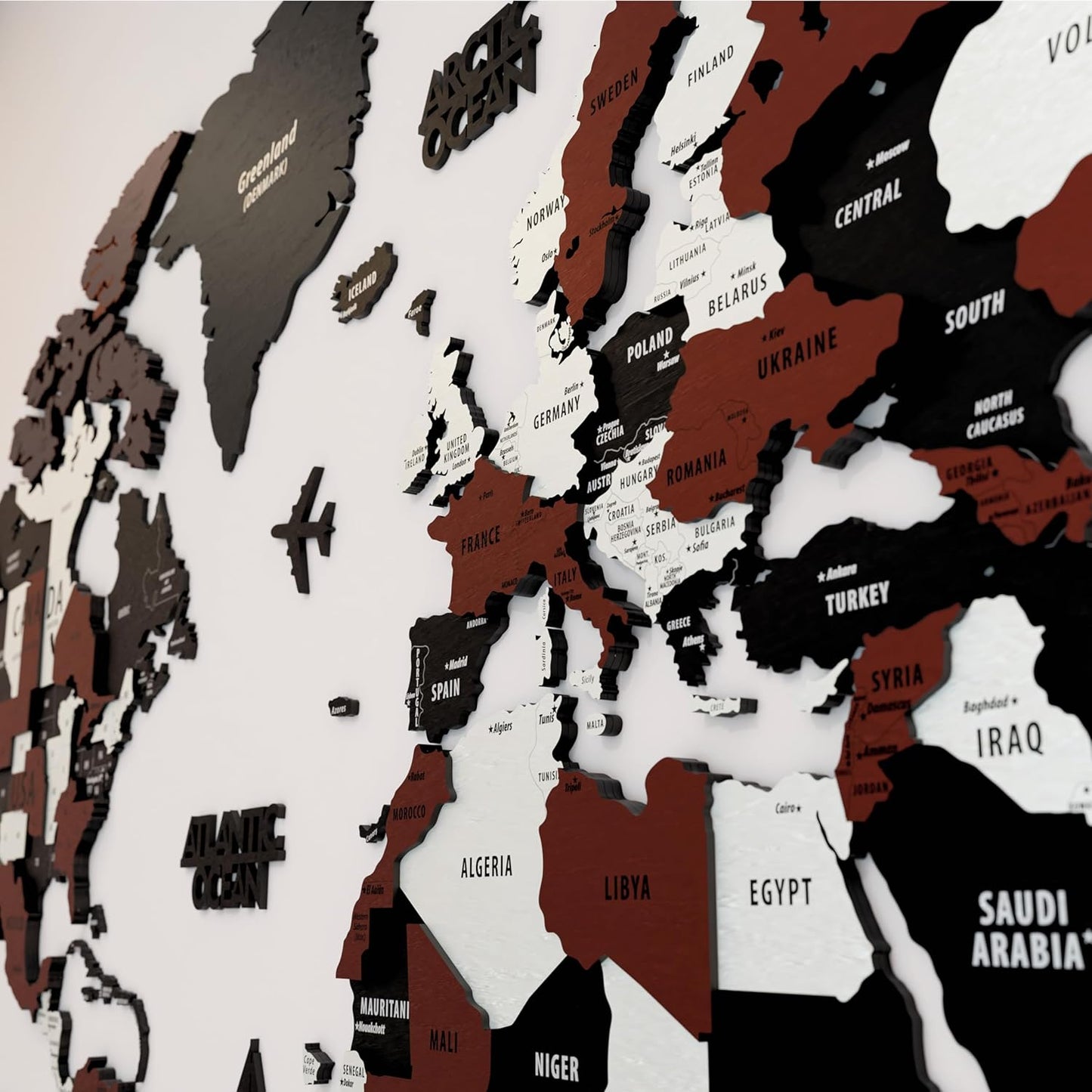 Colorfull Worlds 3D Wooden World Map Wall Art | Unique Wall Decor with Pins for Travel Enthusiasts | Home and Office Wall Décor | Burgundy | Medium