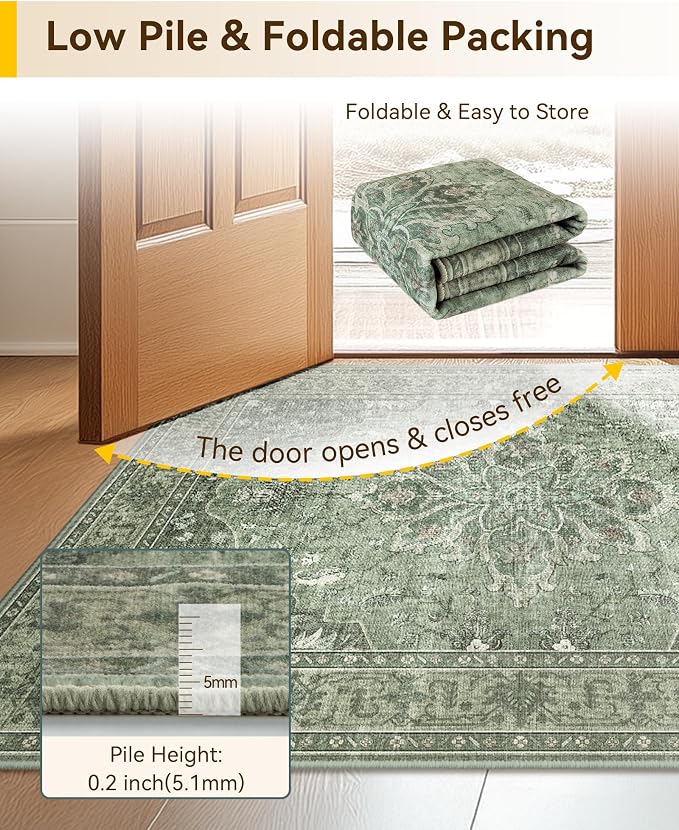 RELEANY Area Rugs Runner 2'6"x14' Washable Non-Slip, Floral Vintage Distress Medallion Carpet for Kitchen Hallway Bedroom Beside Laundry Room Bathroom, Dark Green Gray
