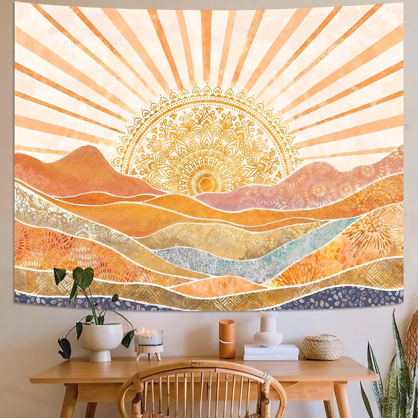 Lunerfex Bohemian Mandala Sunrise Wall Tapestry, Abstract Mountain Scenery Tapestries for Home Decor, Boho Tapestry 90x70 Inch