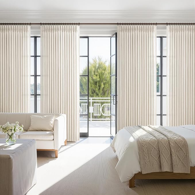 Cream Beige Pleated 60 Inch Wide Living Room Curtains 96 Inches Long 1 Panel, Memory Shape Pinch Pleat Linen Sheer Window Drapes Light Filtering Privacy Country Curtain for Bedroom 60"x96" Length