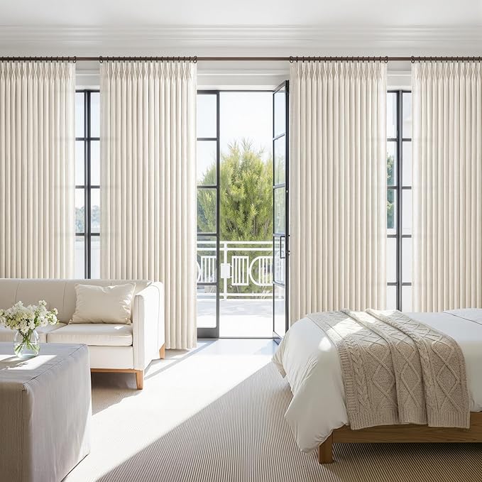 Sheer Pinch Pleated 90 Inch Curtains 4 Panels Set for Sliding Glass Doors, Ivory Beige Memory Trained Thick Linen Light Filtering Rustic Window Drapes Birch Living Room Curtain 40 x 90 Inches Long