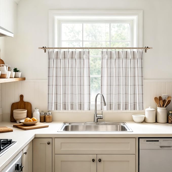 Vision Home Tan Plaid Linen Pinch Pleated Tier Curtains 30 inch, Checkered Semi Sheer Kitchen Curtains with Back Tab & Hooks, Light Filtering Small Window Panels for Bathroom Laundry, 25" Wx30 Lx2