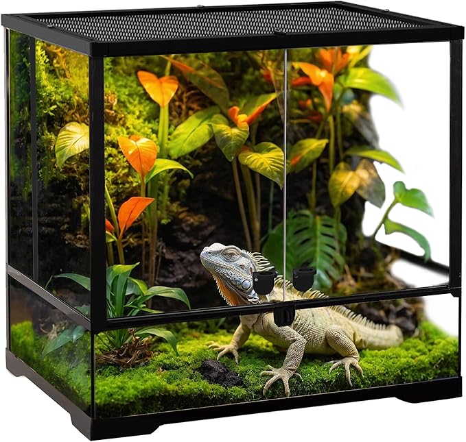 24"x18"x18" Reptile Terrarium, Modular Aluminum-Frame Glass Vivarium for Small Tropical Lizards Such as Juvenile Iguanas, with Lock, Cable Port, Waterproof Deep Base & Adjustable Vents