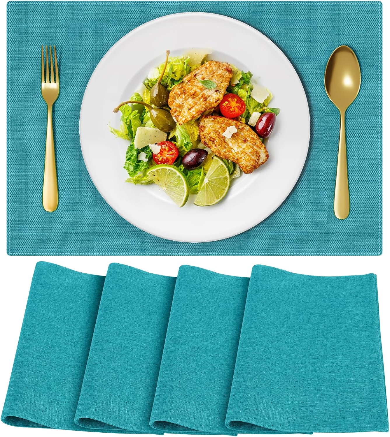 Cloth Placemats, Set of 4 Heat-Resistant Cotton Linen Blend Double Layered Machine Washable Place Mats, Wrinkle Free Thick Fabric Dining Table Mats for Indoors & Outdoors (Teal, 4)