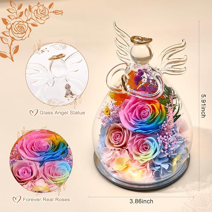 Gifts for Mom Birthday Gifts for Women Preserved Rose Forever Flower in Glass Angel Figurines Fresh Flowers for Delivery Anniversary Mothers Day Real Colorful Roses for Grandma Her Wife from Daughter