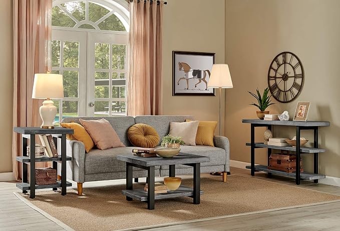 Alaterre Furniture Pomona Solid Wood 3-Tier End Table, Slate Grey, 20” | Small Side Table or Nightstand with Storage Shelf and Metal Legs, Rustic Farmhouse Chair Side Table for Living Room & Bedroom