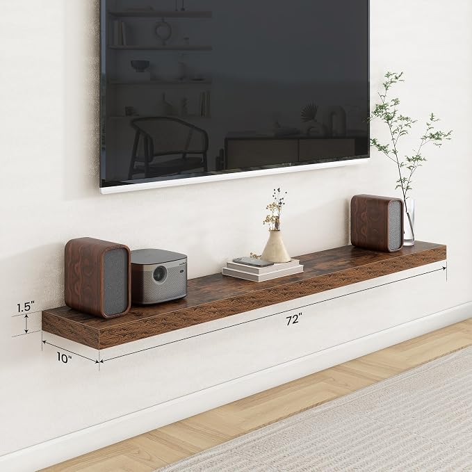Axeman 72Inch Floating Shelves for Wall, Rustic Wood Shelves for Bedroom, Bathroom, Kitchen, Hanging Wall Mounted Shelf with Invisible Brackets for Books Decor, Set of 1, Rustic Brown