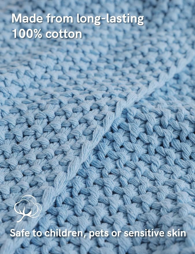 YnM Chunky Cotton Knit Throw Blanket, Cable Knit Throws for Bed Couch Sofa, Comfy & Relaxing, Decorative Piece for Farmhouse Modern Boho Rustic Scandinavian Chic Vibe, Aqua Blue 50x60 Inches