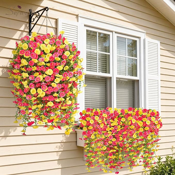 Serwalin Artificial Hanging Flowers for Outdoors UV Resistant, 8PCS Faux Morning Glory Fake Outdoor Flowers Realistic Silk Flower Faux Plants for Outside Planter Front Door Porch Patio Yard Decor