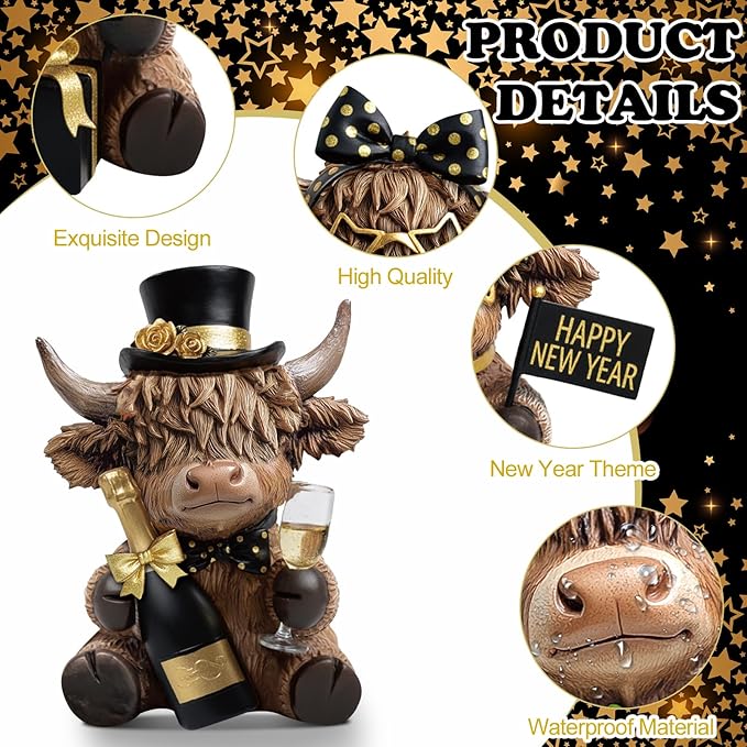 Karenhi 2 Pcs 2026 New Year Highland Cow Figurines, Happy New Year Cow Gnomes with Champagne and Gift Box, Resin Statue Calf Lovers Gifts Cute Yak Home Collectibles for Holiday Decor