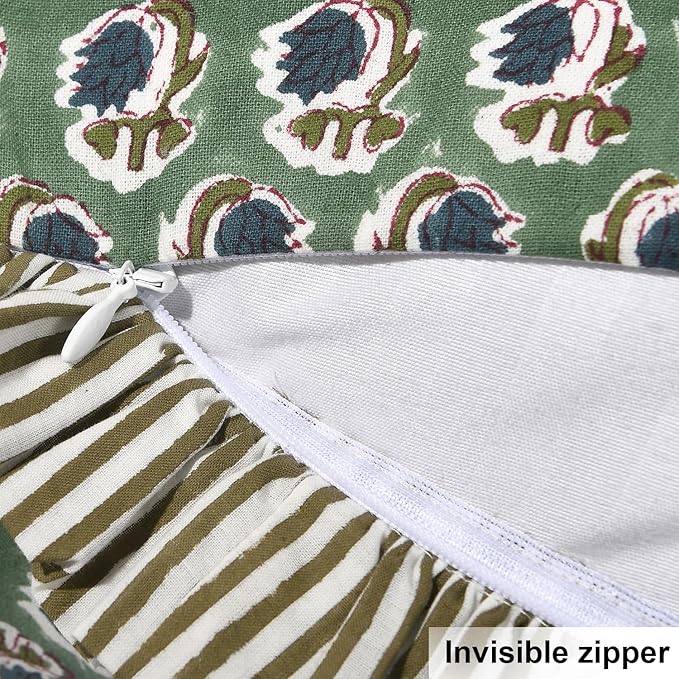 Ridhi Block Print Basil Green Throw Pillow Cover 24" x 24" (Pack of 2) Decorative Cushion Covers with Ruffle for Couch, Sofa, Bed, Living Room, Home Decor Gift for Spring, Easter, Valentine