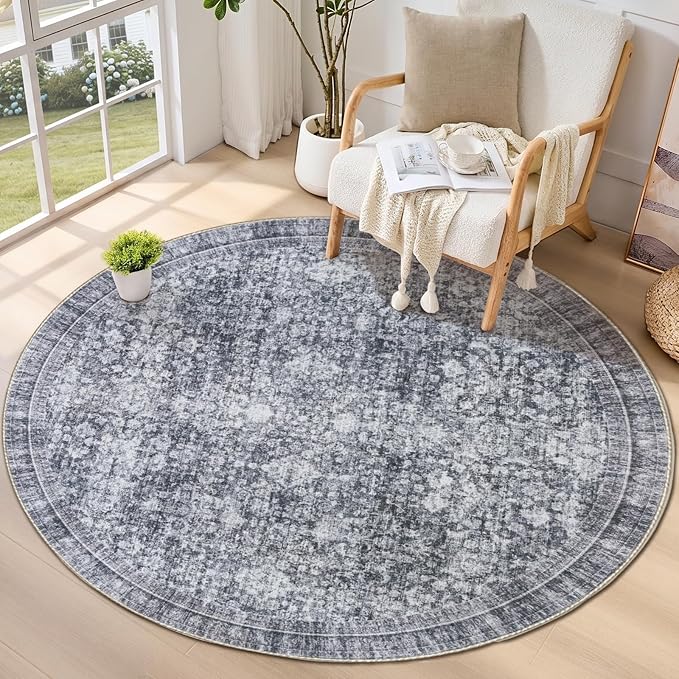 Sasttie Round Rugs 6ft, Ultra-Soft Washable Circle Rug, Low Pile Foldable Thin rugs with Non-Slip Backing, Skin-Friendly Stain Resistant Carpet for Living Room, Bedroom, Kitchen, Dorm, 6ft, Black Grey