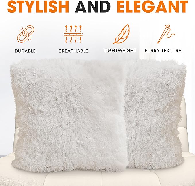 Cheer Collection Throw Pillows for Couch and Bed, Soft Shaggy Throw Pillows with Inserts Included, Cozy Long Hair Faux Fur Pillows - Set of 2-22" x 22" White