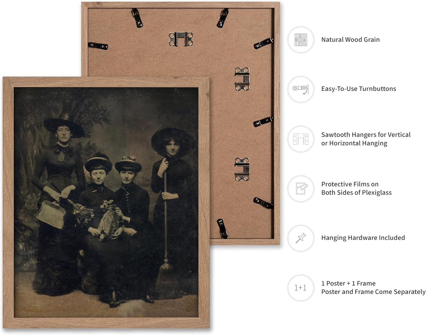 Poster Master Vintage Photograph Poster - Retro Halloween Print - Gift for Artist, Friend - Four Witches Wearing Robes, Sabbath, Coven, Sorcery - Wall Decor for Home, Office, 11x14 Beige Framed