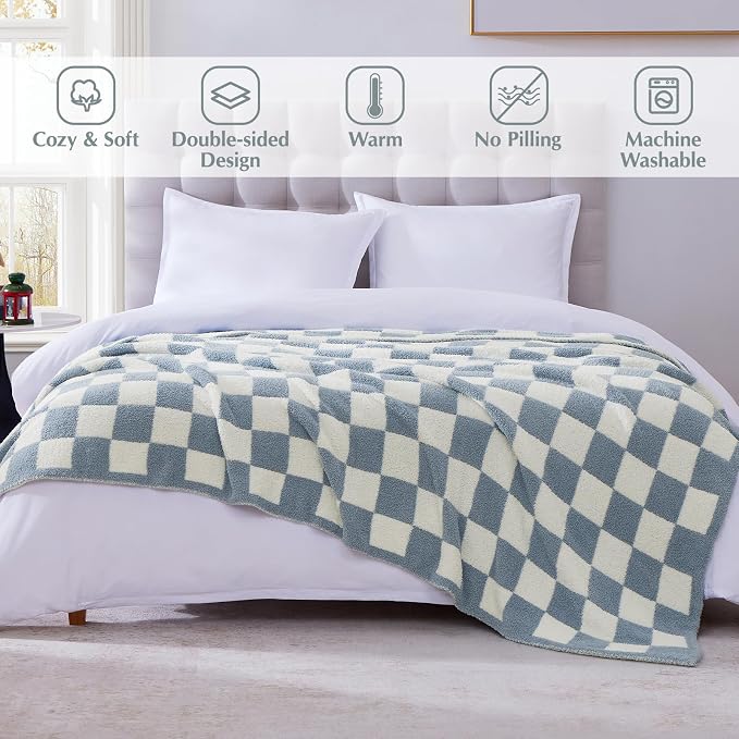 WRENSONGE Soft Twin Size Checkered Blanket for Bed-Cozy Knitted Blankets | Lightweight Fluffy Warm Decor for Women, Mom, Her & Girls, Sofa, Chair, Couch, 60x80in,Grey Blue
