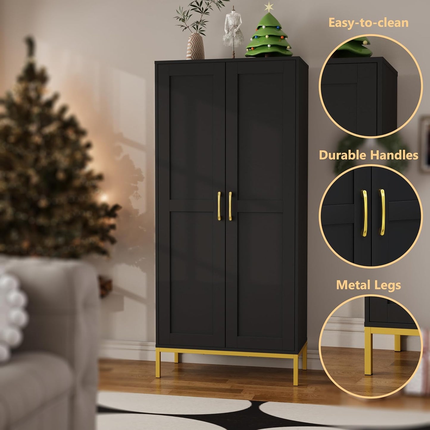 Tall Storage Cabinet, Kitchen Pantry Cabinet with 2 Doors & Adjustable Shelves for Laundry Room, Living Room, Entryway,Bathroom,Black