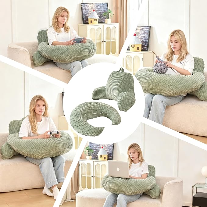 17" Reading Pillow for Bed,U Shaped Arm & Elbow Support,Green Flannel | Backrest Supports Back,U shaped Lap Pillow Cushions Arms,Elbows & Wrists,Soft Flannel for Reading,Gaming,Watching TV
