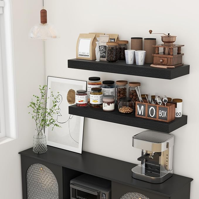 FLYJOE 12'' Deep Floating Shelves, 36 Inch Black Floating Shelves Set of 2, 36''x 12'' x 2'' Rustic Black Wood Shelves, Include Metal Brackets and Hardware, 45Lbs Load Bearing Capacity