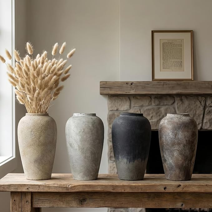 12 Inch Vintage Farmhouse Decor Ceramic Rustic Vase, Handmade Brown Flower Vases for Centerpieces, Living Room & Kitchen Shelf Decorative Pottery Vase for Home Decor