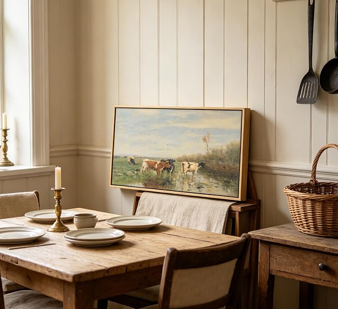 Large Wood Framed Vintage Cows Wall Art,Farm Field Landscape Canvas Print,Valley cattle herd Nature Country Painting,Picture Bedroom Wall Decor Gifts for Friends or Family