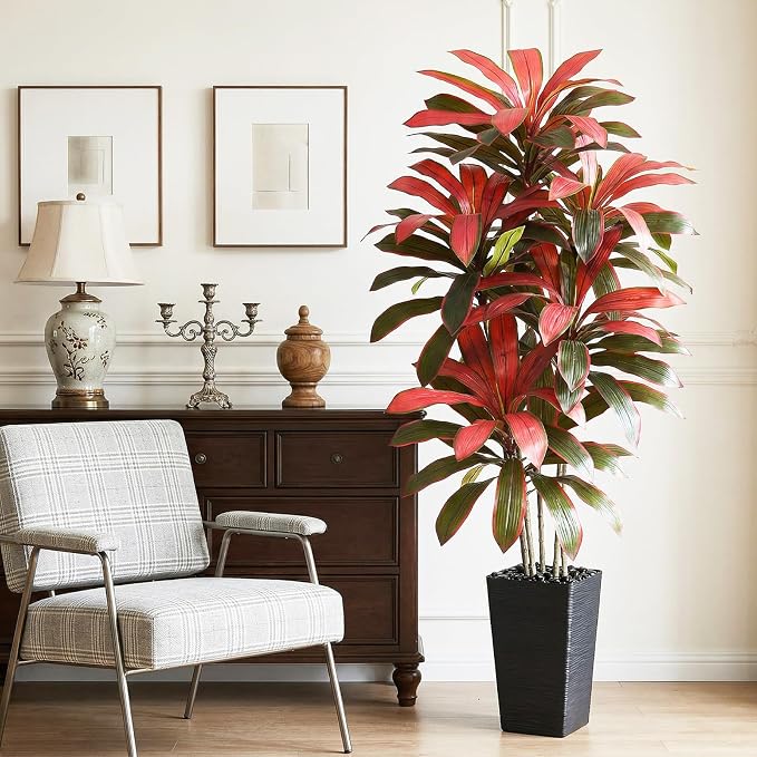 Artificial Dracaena Tree：6FT Faux Silk Tropical Yucca Floor Trees Realistic Fake Green Plant with Natural Wood Trunk & Lifelike Leaves for Home Office Decor Indoor & Outdoor (6FT,1-Pack,Black)