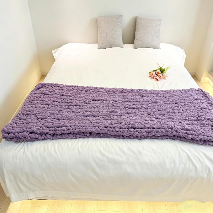 Soft Chunky Knit Throw Blanket for Couch, Cozy Warm Knitted Blankets | Hand Knit with Jumbo Chenille, Lightweight Warm Fluffy Decor for Women, Mom, Her & Girls, Sofa, Chair, Bed, 48"×71" (Purple)