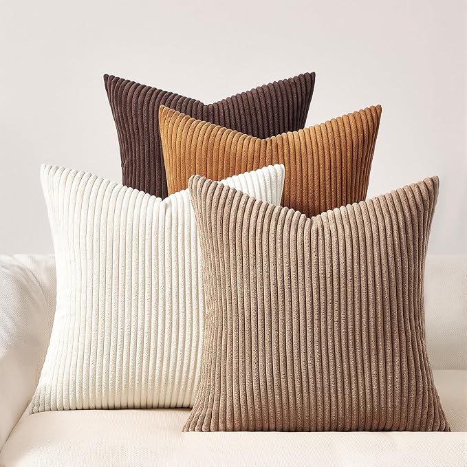 Topfinel 24 by 24 Gold Brown Gradient Farmhouse Pillow Case Pillow Covers Set of 4 Rustic Modern Soft Corduroy Striped Decorative Cushion Cover for Sofa Couch Living Room Bedroom