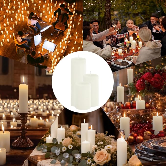 72-Pack White 2-Inch Wide Pillar Candles, Bulk Set of 3 Heights (3, 4, 6 Inch), Dripless Unscented Smokeless Hurricane Candles for Creating Warm Elegant Atmosphere at Weddings and Events.