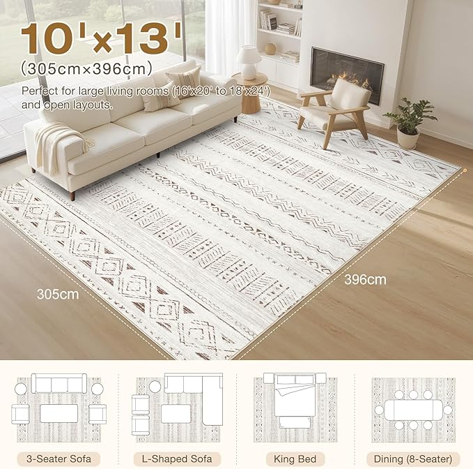 cotiled 10x13 Area Rug Living Room: Washable Boho Rugs with Non Slip Backing Large Soft Indoor Stain Resistant Carpet for Bedroom Farmhouse Dining Room Lightweight Home Decor L Brown/Cream