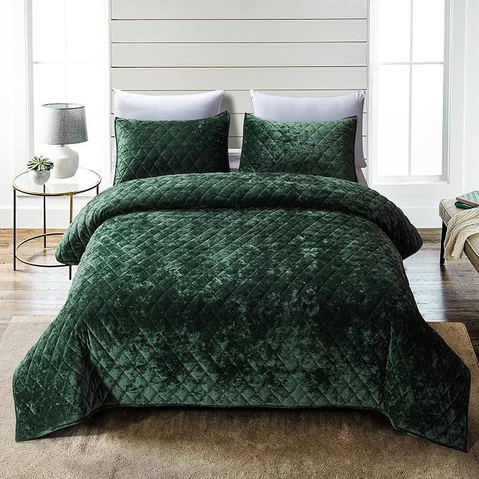 Fredsure Distressed Velvet Quilt Set, 3 Pieces Blackish King, Distressed Velvet Face and Brushed Microfiber Reverse, with Diamond Quilting