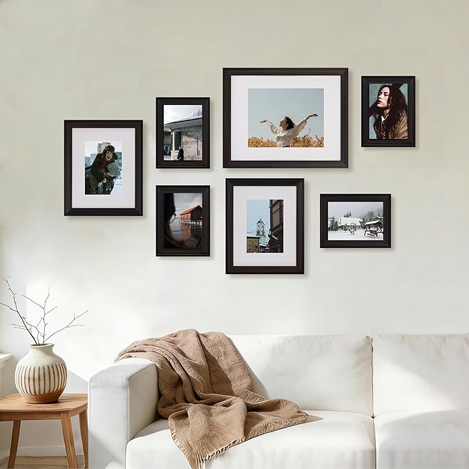 eletecpro Gallery Wall Frame Set of 7, Multiple Sizes Solid Wood Picture Frames Collage Wall Decor Including 1Pc 11x14, 2Pcs 8x10, 4Pcs 5x7 Photo Frames, Black