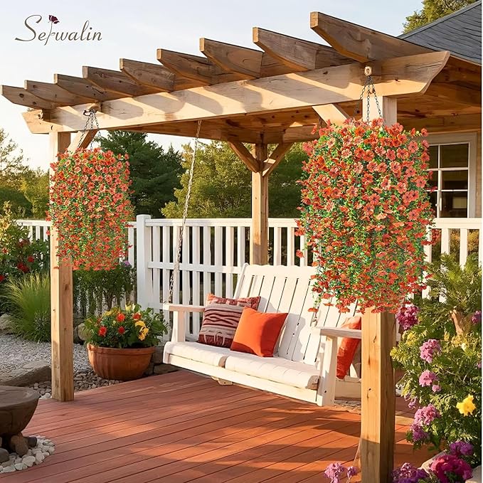 Serwalin 4PCS Artificial Fall Flowers for Outdoors Decoration, Realistic Silk Artificial Fall Hanging Flowers for Patio, Garden, Porch, Window, Outside (Orange,8PCS)